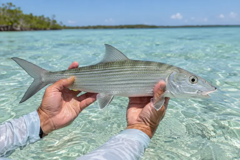 Silver bonefish held with wet hands just above clear water